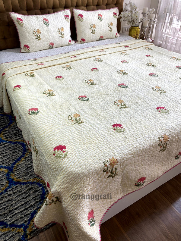 Yellow Pink Floral Quilted Bedcover  108 X 108 Inches