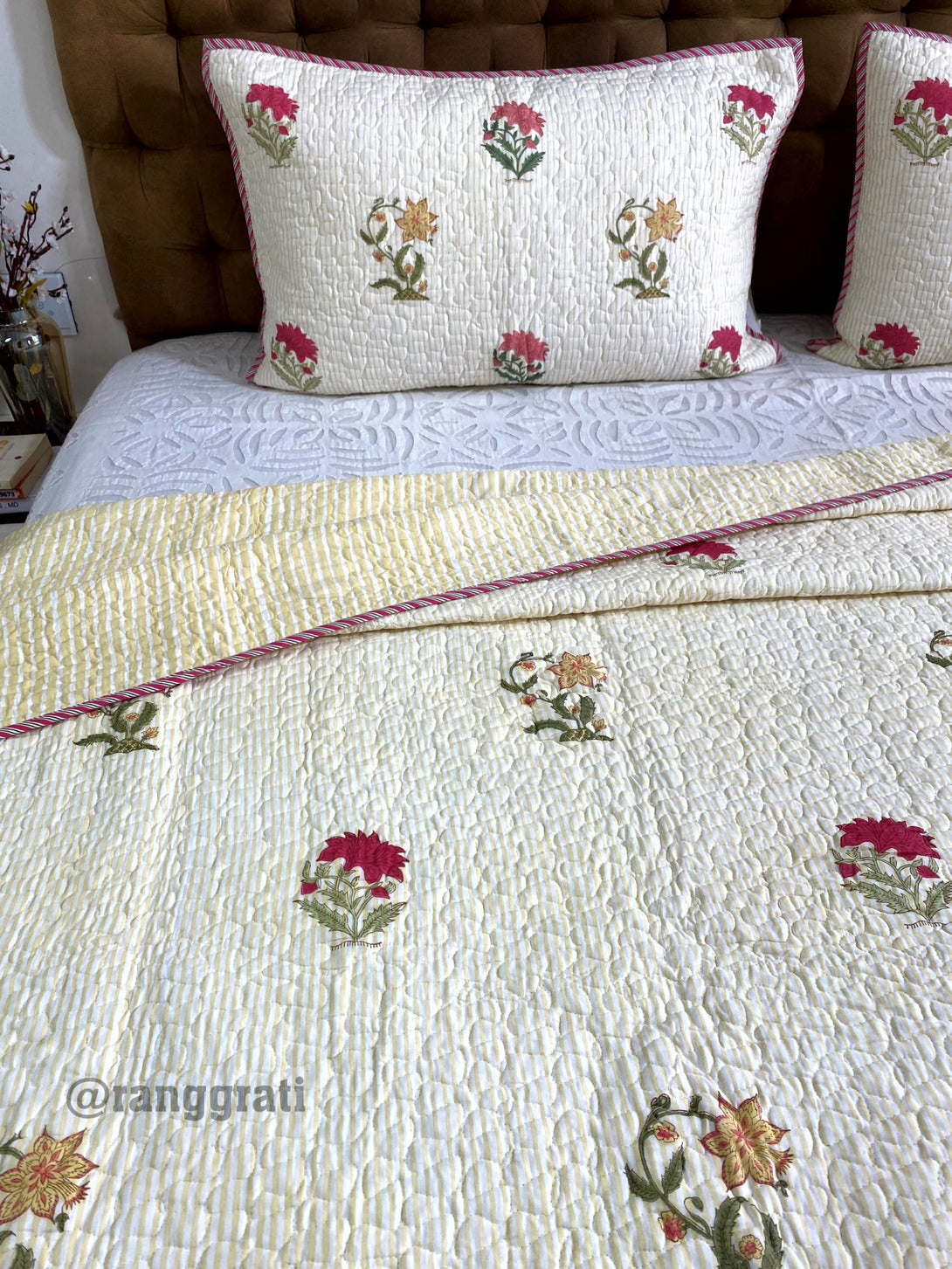 Super King Size Yellow Pink Floral Quilted Bedcover 