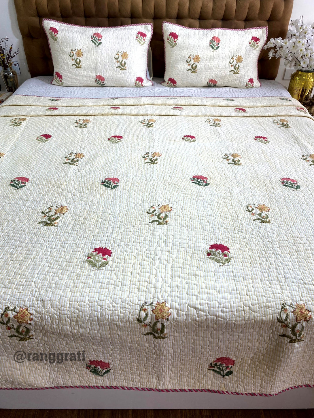 Mulmul Cotton Yellow Pink Floral Quilted Bedcover Super King 108 X 108