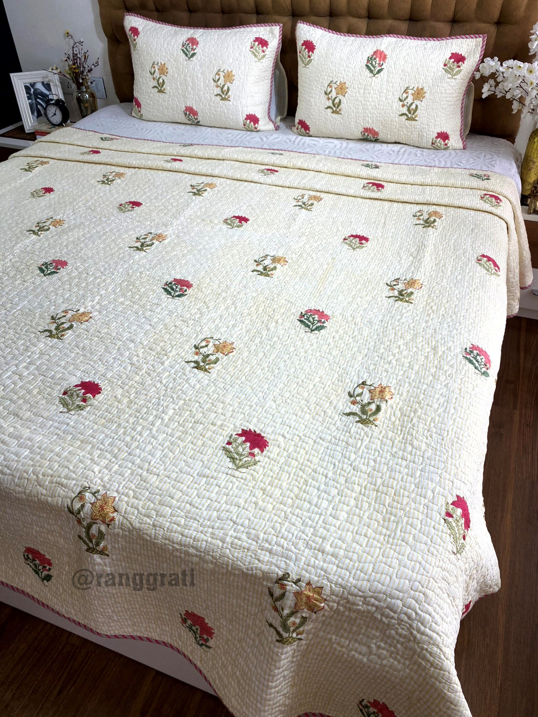 Yellow Pink Floral Quilted Bedcover Super King Size