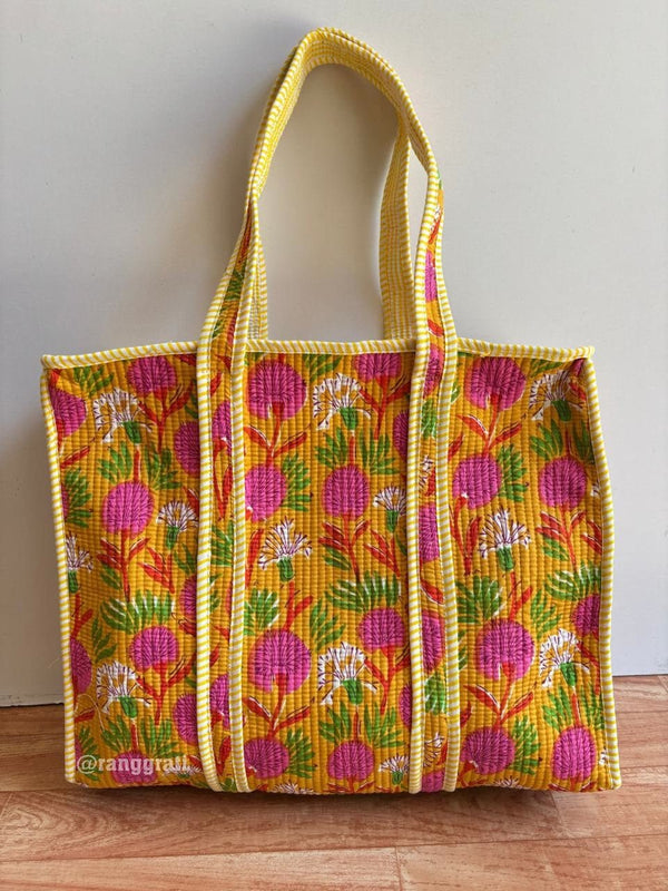Yellow Pink Floral Tote Bag quilted Hand Block Printed Cotton with Zip Online - Tote Bag