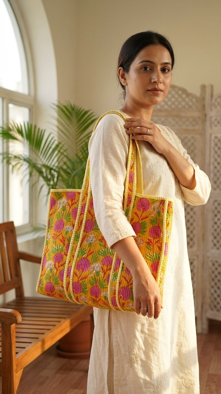 Yellow pink floral hand block printed tote bag with zip