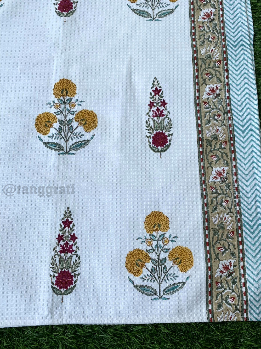 Yellow Red Floral Body Towel Hand Block Printed Pure Cotton - Body Towel