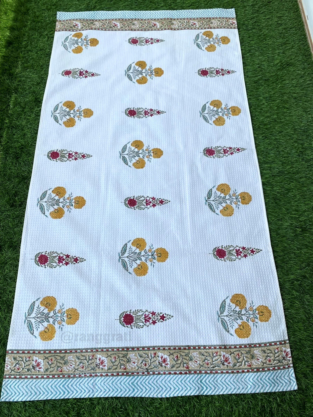Yellow Red Floral Body Towel Hand Block Printed Pure Cotton - Body Towel