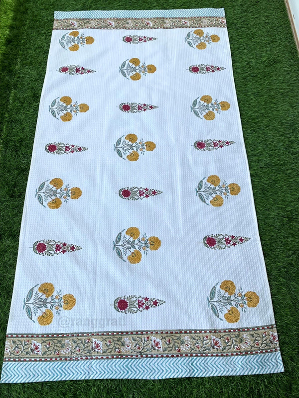 Yellow Red Floral Body Towel Hand Block Printed Pure Cotton - Body Towel