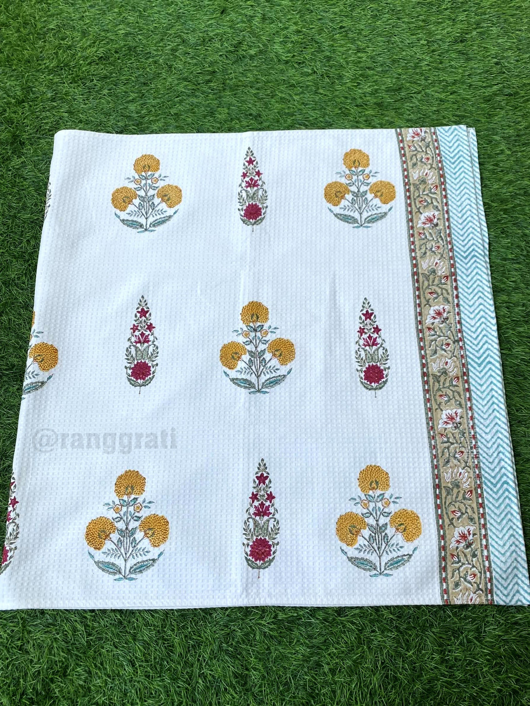 Yellow Red Floral Body Towel Hand Block Printed Pure Cotton - Body Towel