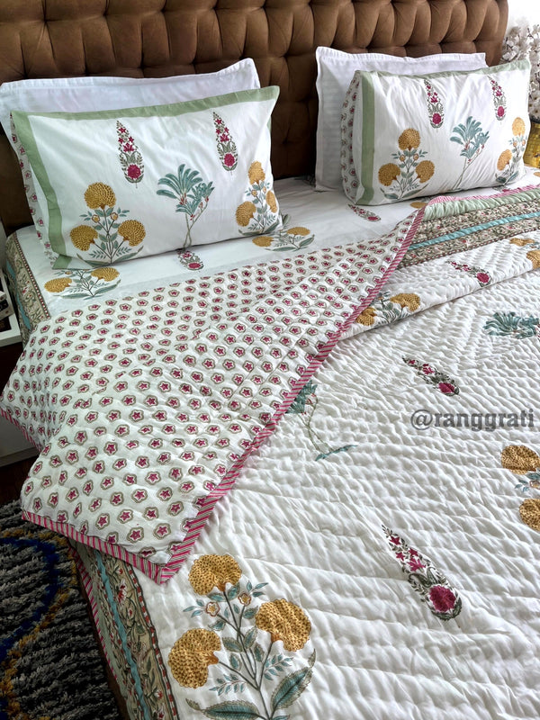Yellow Red Floral King Size Bedsheet With Matching Razai / Quilt In Cotton - Bedding Set