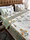 Yellow Red Floral King Size Bedsheet With Matching Razai / Quilt In Cotton - Bedding Set