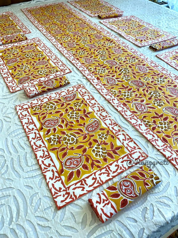 Yellow Red Paisley Table Runner With 6 Table Mats and 6 Napkins - Table Runner Set