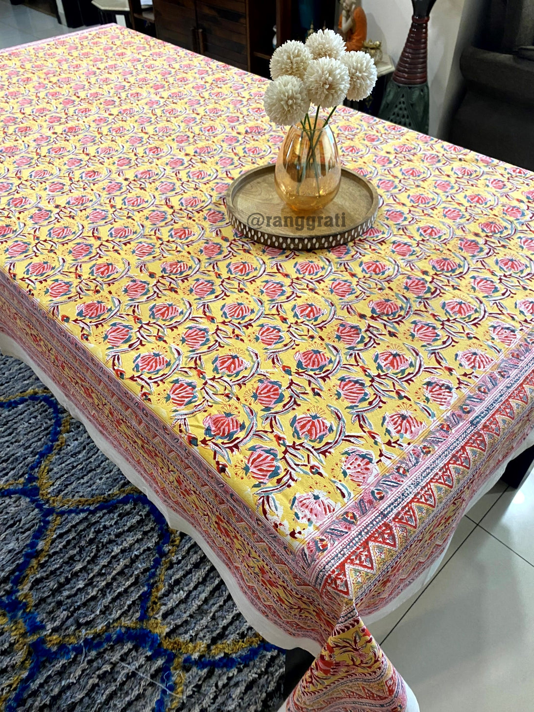 Yellow and Red Floral Table Cover Cloth 6 Seater Dining Table Rectangular