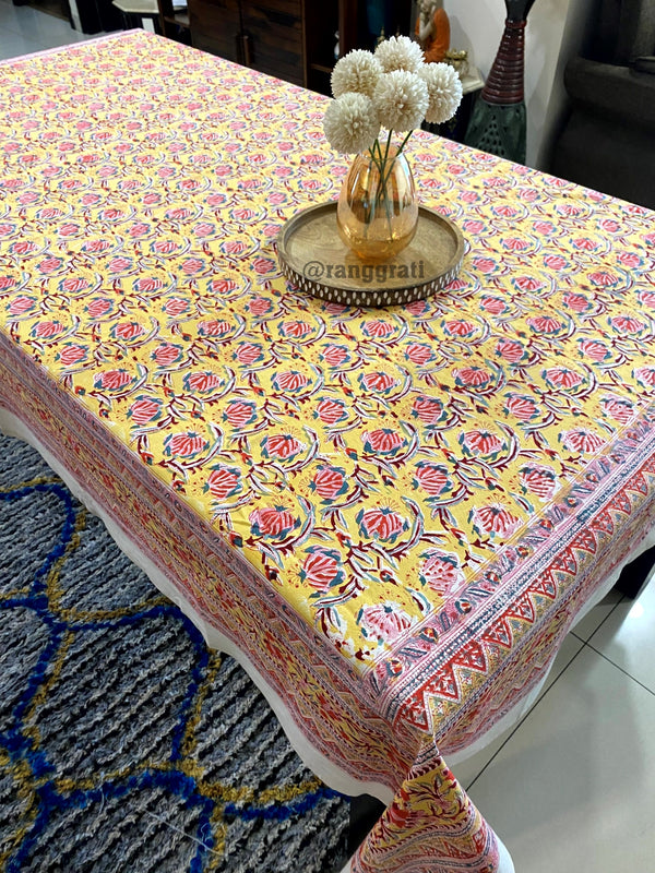 Yellow and Red Floral Table Cover Cloth 6 Seater Dining Table Rectangular