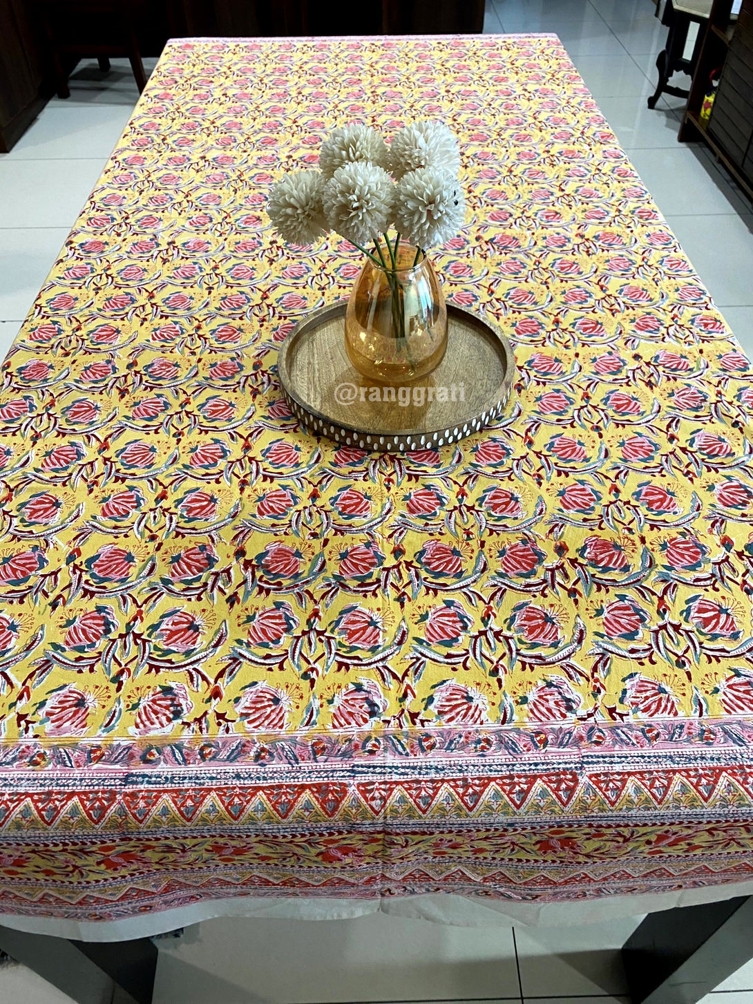 Yellow and Red Floral Table Cover Cloth 6 Seater Dining Table Rectangular cotton
