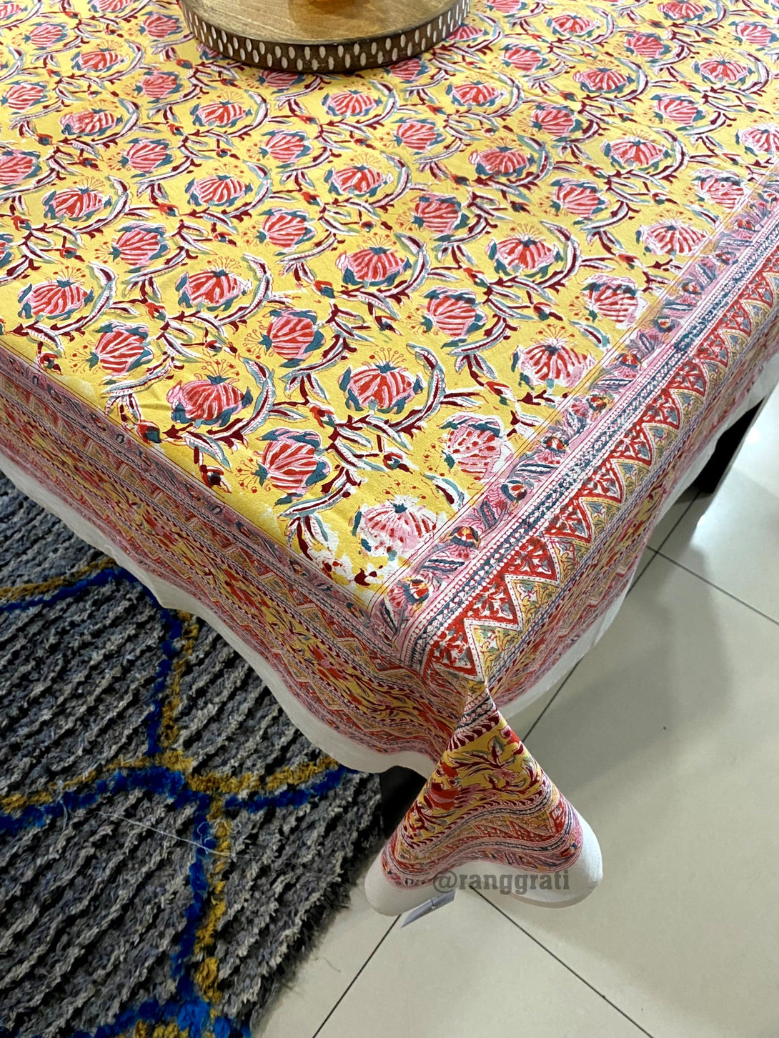Pure Cotton Yellow and Red Floral Table Cover Cloth 6 Seater Dining Table Rectangular